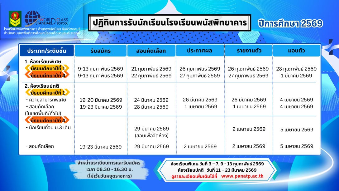 ปฏิทินการรับนักเรียนชั้น ม.1 และม.4 ปีการศึกษา 2569 - โรงเรียนพนัสพิทยาคาร