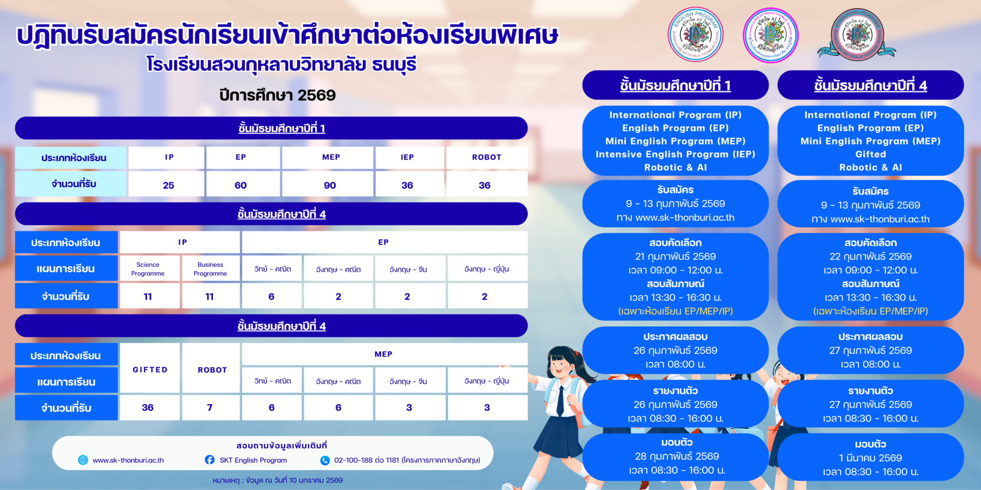 กำหนดการรับนักเรียนชั้น ม.1และ ม.4 ปีการศึกษา 2569 ห้องเรียนพิเศษ - โรงเรียนสวนกุหลาบวิทยาลัย ธนบุรี