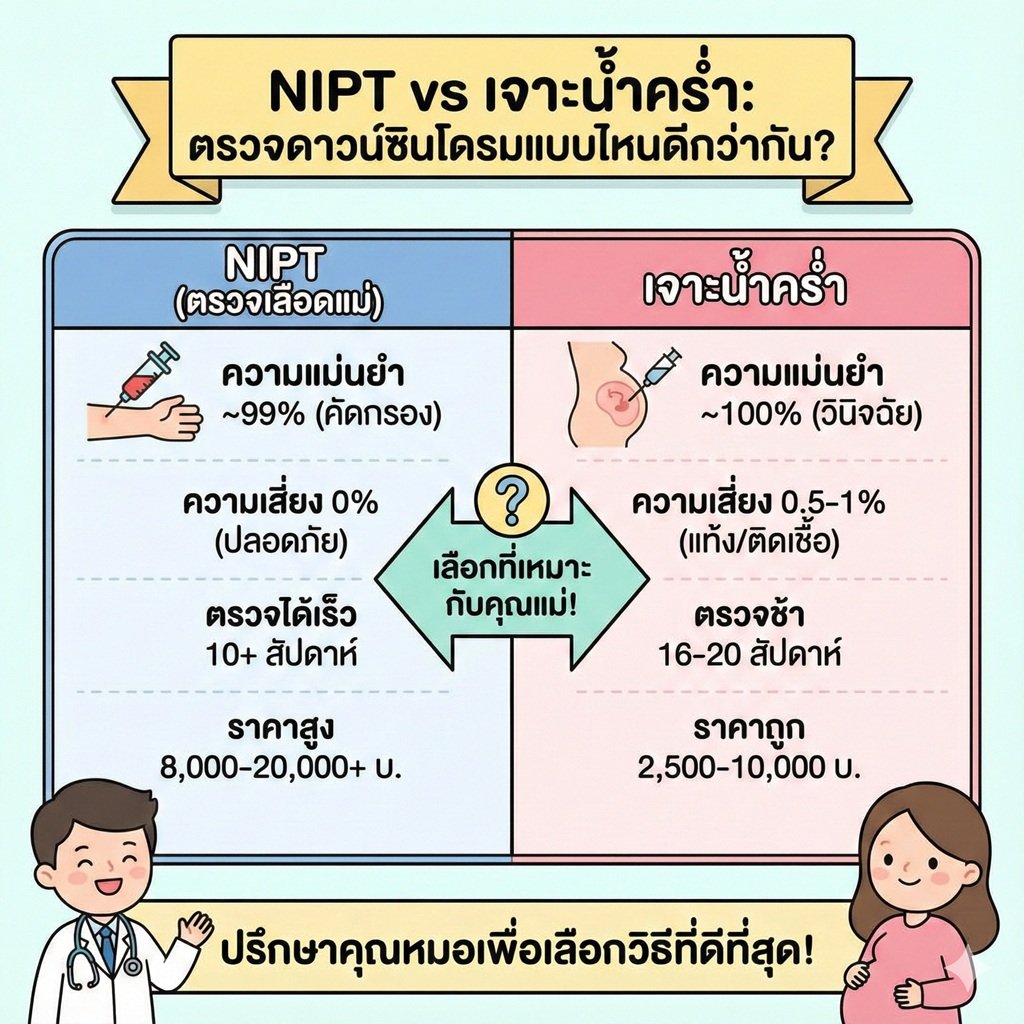 NIPT vs เจาะน้ำคร่ำ ตรวจดาวน์ซินโดรมแบบไหนดีกว่ากัน? เจาะลึกข้อดี-ข้อเสีย เพื่อลูกน้อยในครรภ์