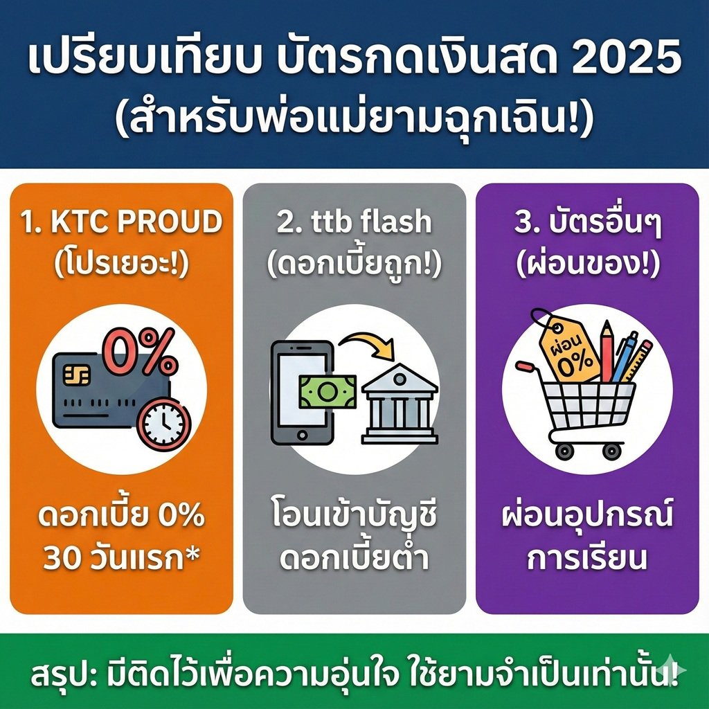 เปรียบเทียบ บัตรกดเงินสด 2025 ค่ายไหนคุ้มสุด? ตัวช่วยพ่อแม่ยามฉุกเฉิน หมุนเงินทันใจ
