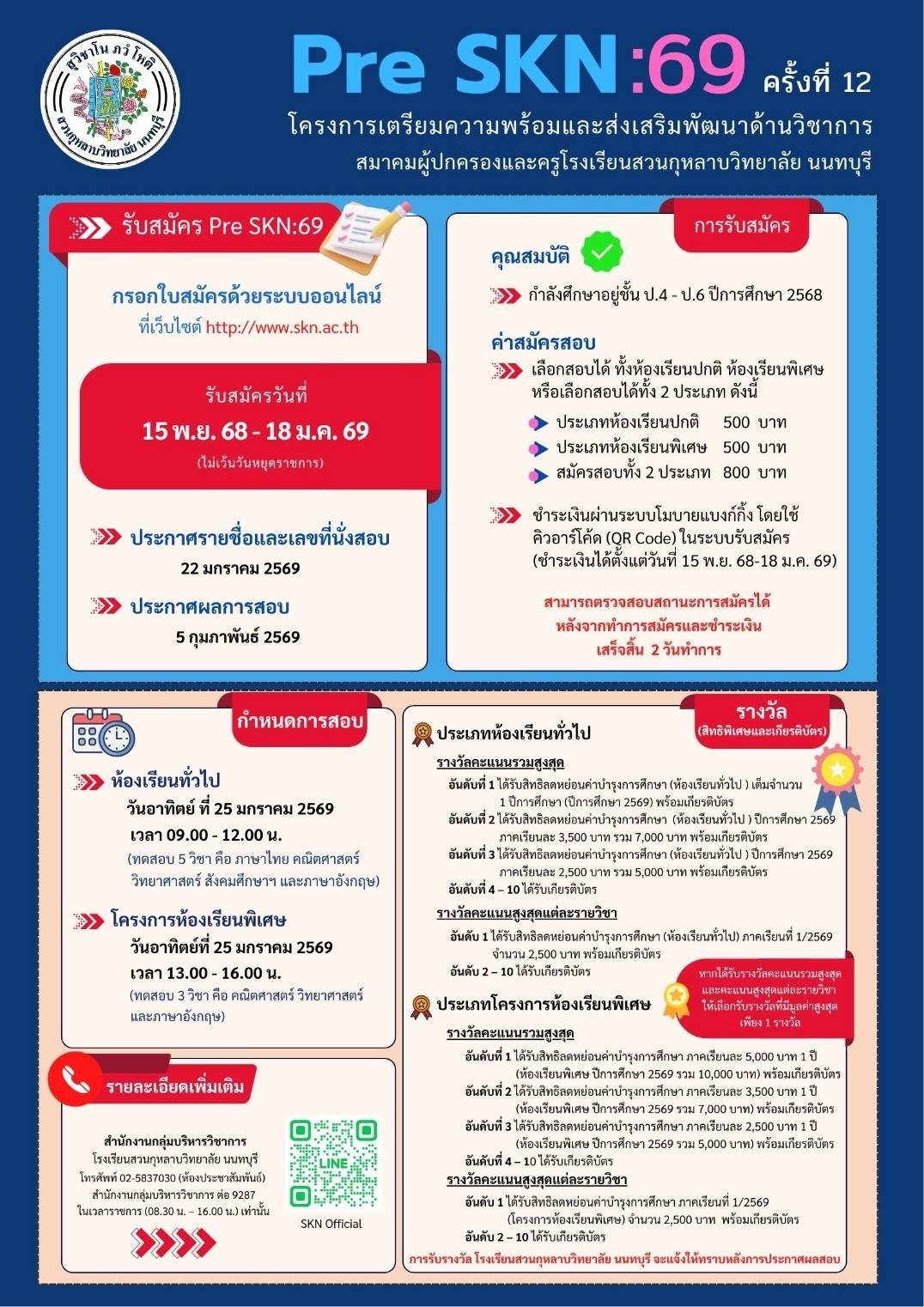  PreSKN 69 พรีเทส สอบเข้าม.1 โรงเรียนสวนกุหลาบนนทบุรี ประจำปี 2569