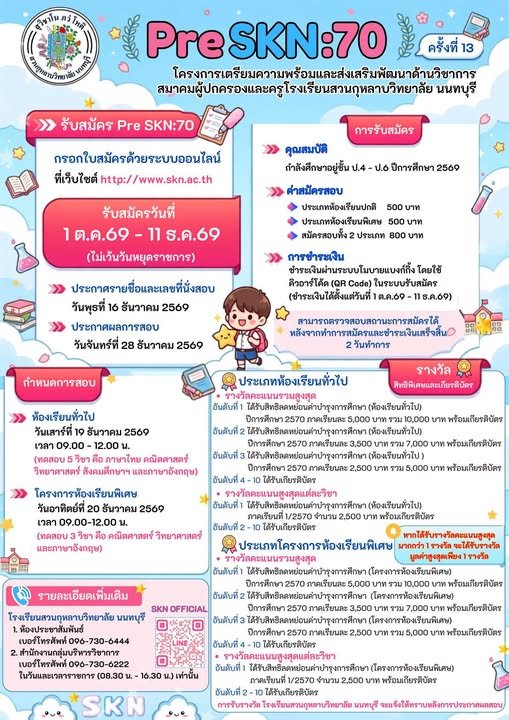  PreSKN 70 พรีเทส สอบเข้าม.1 โรงเรียนสวนกุหลาบนนทบุรี ประจำปี 2570