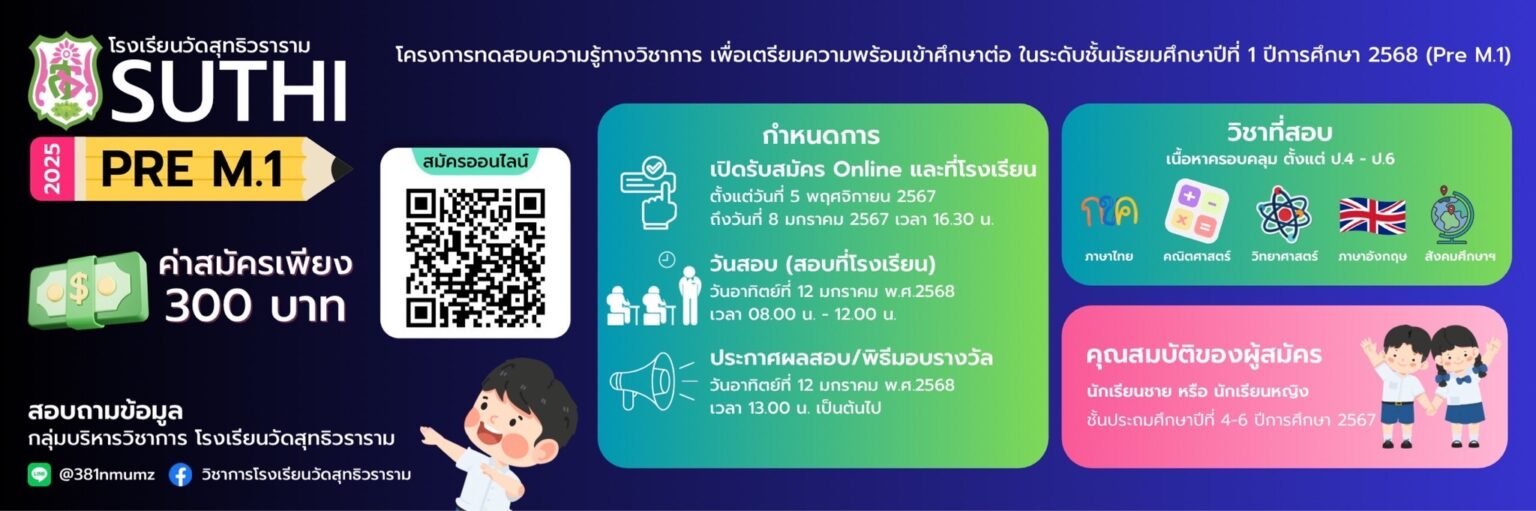 SUTHI PRE M.1 2025 - พรีเทสสอบเข้า ม.1 โรงเรียนวัดสุทธิวราราม ปีการศึกษา 2568