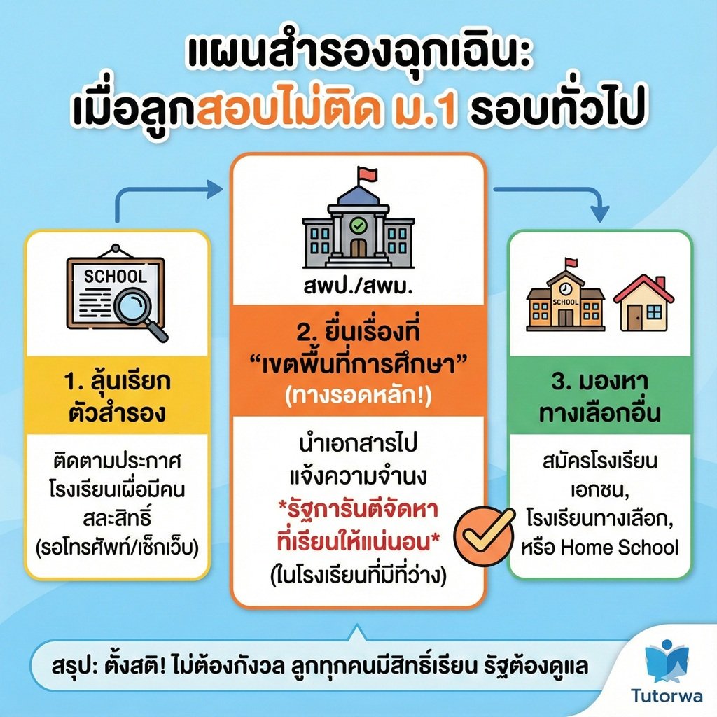 ไม่ต้องตกใจ! "สอบไม่ติด ม.1 รอบทั่วไป" ทำยังไงต่อ? เปิดแผนสำรองฉุกเฉิน ที่พ่อแม่ต้องรู้ (รัฐการันตีมีที่เรียนทุกคน!)