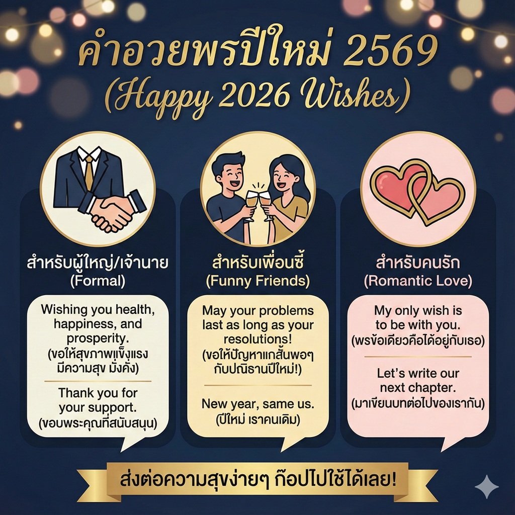 รวม 50+ คำอวยพรปีใหม่ 2569 (2026) ภาษาอังกฤษ-ไทย ความหมายดี ครบทุกสไตล์ (ผู้ใหญ่/เพื่อน/แฟน) ก๊อปไปใช้ได้เลย!