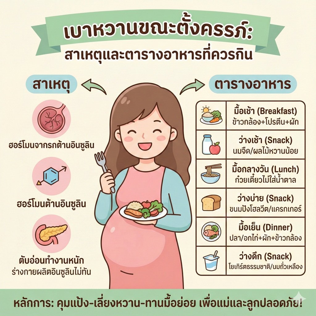 เบาหวานขณะตั้งครรภ์ (Gestational Diabetes): สาเหตุและตารางอาหารที่ควรกิน คุมน้ำตาลให้แม่และลูกปลอดภัย