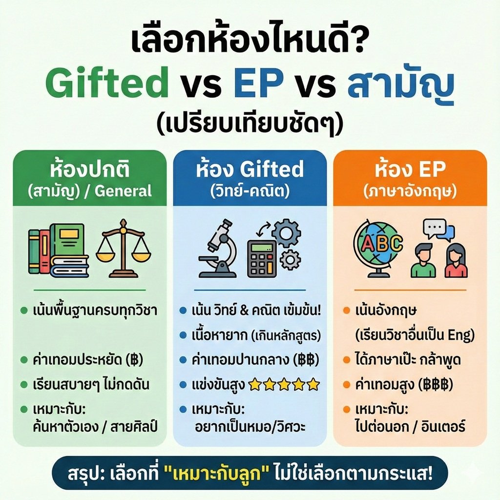 สรุปชัดๆ! "ห้อง Gifted vs EP vs สามัญ" ต่างกันยังไง? (เปรียบเทียบหลักสูตร/ค่าเทอม) ลูกเราเหมาะกับแบบไหนที่สุด?