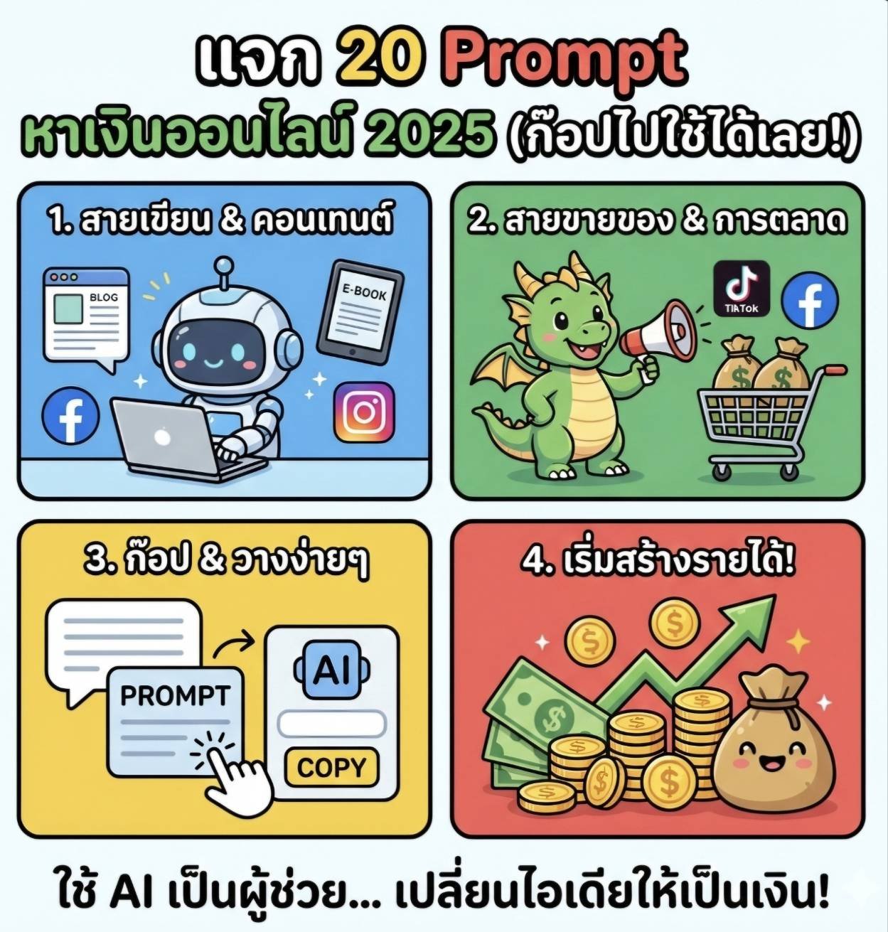 แจก 20 Prompt หาเงินออนไลน์ 2025: สายเขียน/ขายของ ก๊อปไปใช้ได้เลย (ฟรี)