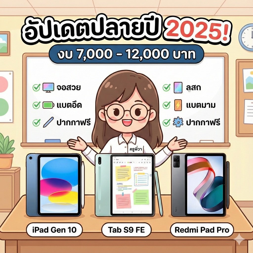 อัปเดตปลายปี 2025! แนะนำ 3 แท็บเล็ตมีปากกา งบ 7,000 - 12,000 บาท รุ่นไหนคุ้มสุด? (iPad Gen 10 vs Tab S9 FE vs Redmi Pad Pro)