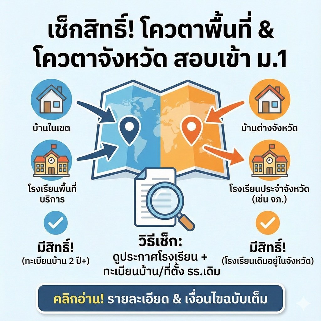 สรุปครบ! "โควตาพื้นที่บริการ" และ "โควตาจังหวัด" สอบเข้า ม.1 คืออะไร? เช็กด่วนลูกเรามีสิทธิ์ไหม? (ก่อนเสียโอกาสฟรี!)