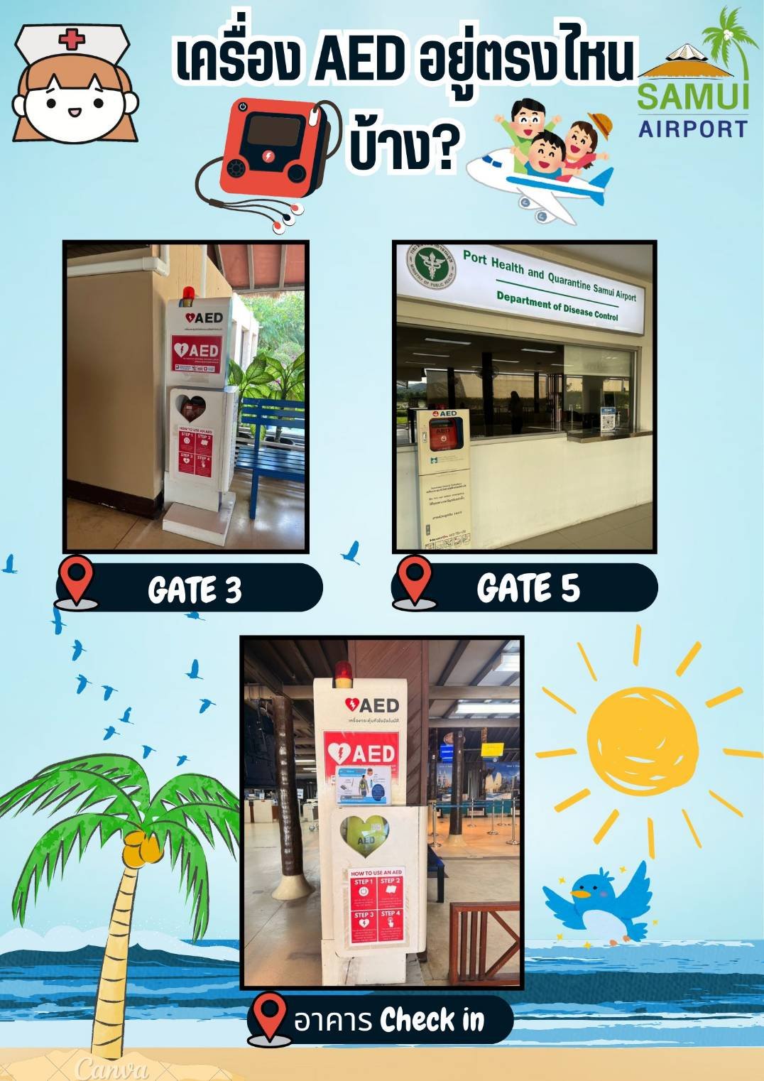 อุ่นใจทุกการเดินทางที่สนามบินสมุย ขอแนะนำอุปกรณ์ที่สำคัญ AED (Automated External Defibrillator)  อุ่นใจทุกการเดินทางที่สนามบินสมุย ขอแนะนำอุปกรณ์ที่สำคัญ AED (Automated External Defibrillator)