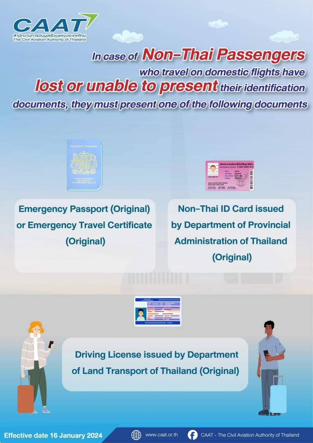 Non-Thai passengers traveling on domestic flights must present their boarding pass along with one of the following documents. Non-Thai passengers traveling on domestic flights must present their boarding pass along with one of the following documents.