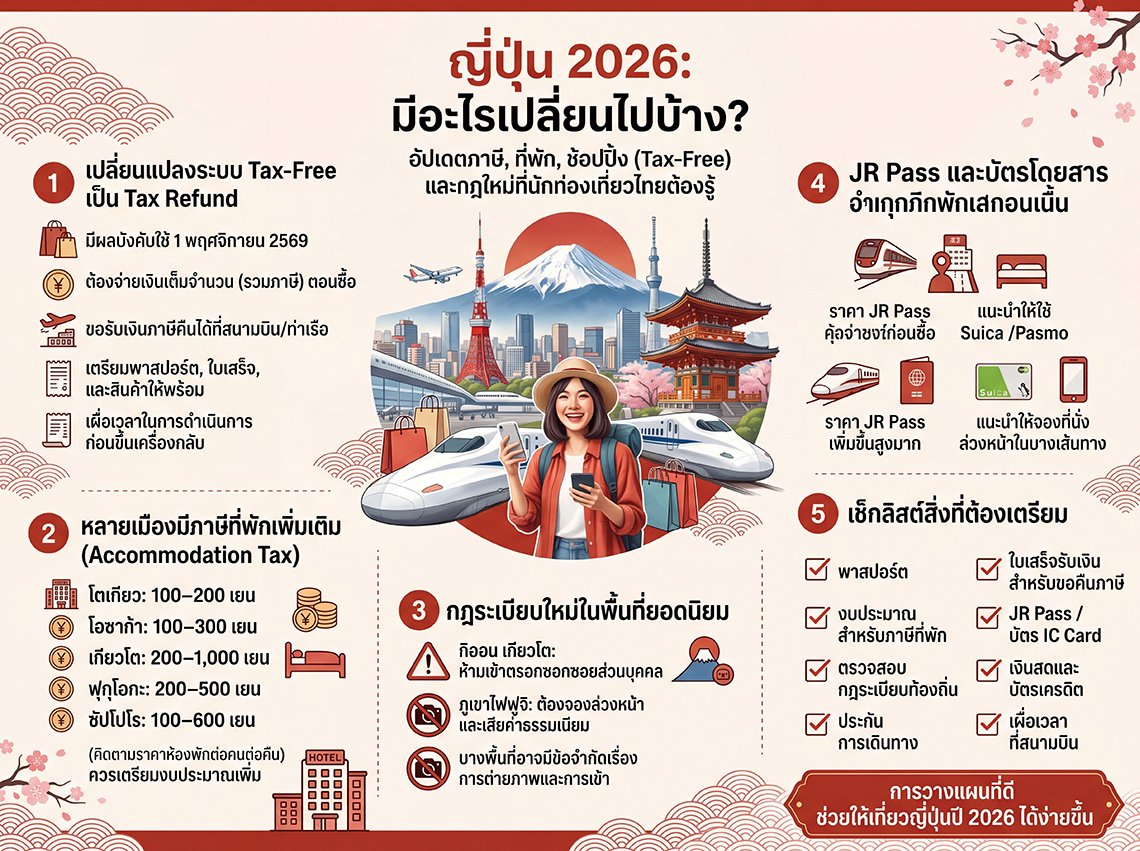 เที่ยวญี่ปุ่น 2026 มีอะไรเปลี่ยนบ้าง? รวมภาษี ที่พัก ช้อปปิ้ง Tax-Free และกฎใหม่