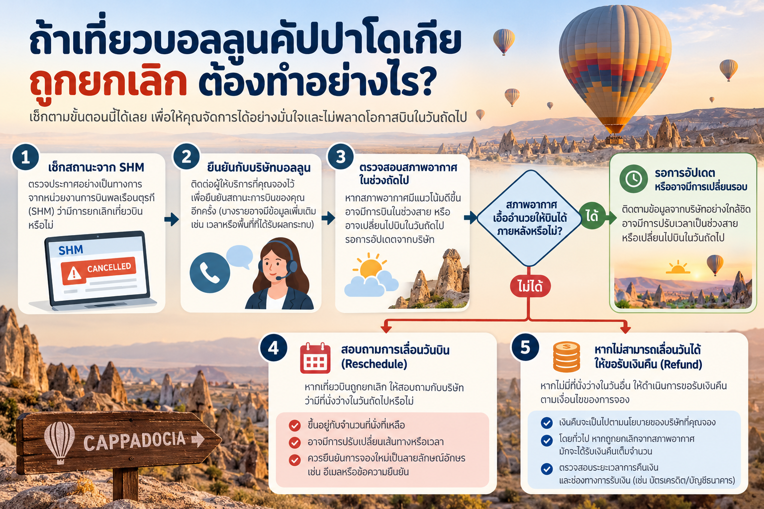 แผนภาพขั้นตอนเมื่อบอลลูนยกเลิก เริ่มจากติดต่อผู้ให้บริการ สอบถามการเลื่อนวัน และเงื่อนไขคืนเงิน