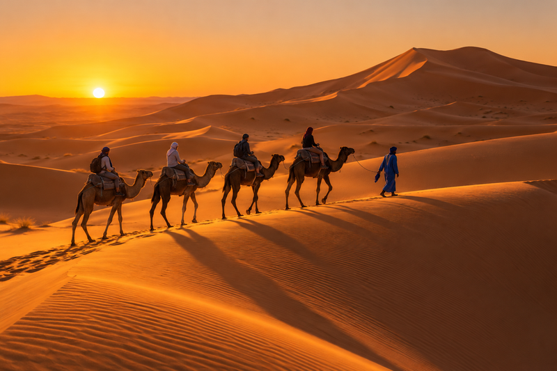 เนินทราย Erg Chebbi ยามเย็นที่ Merzouga พร้อมคาราวานอูฐเดินบนสันทราย