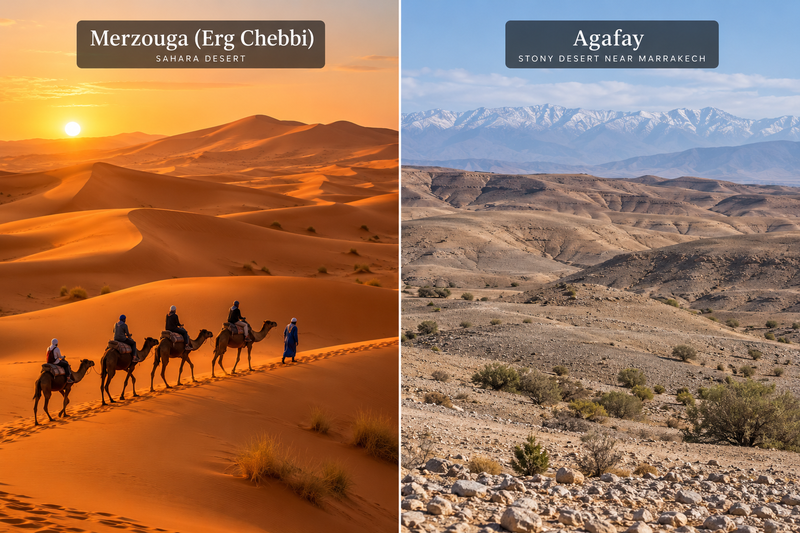ภาพเปรียบเทียบ Merzouga ที่เป็นเนินทรายซาฮารากับ Agafay ที่เป็นทะเลทรายหินใกล้มาร์ราเกช