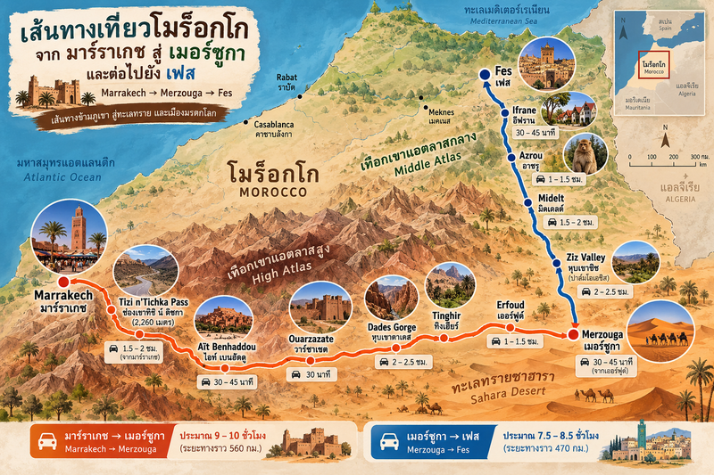 แผนที่เส้นทางเที่ยวโมร็อกจาก Marrakech ไป Merzouga และต่อไปยัง Fes พร้อมเวลาเดินทางโดยประมาณ
