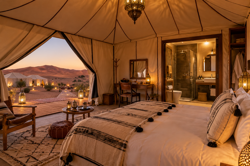 ภาพภายในเต็นท์และแคมป์ทะเลทรายสไตล์ลักชัวรีใน Merzouga มองเห็นห้องพัก ห้องน้ำ และวิวเนินทรายด้านนอก