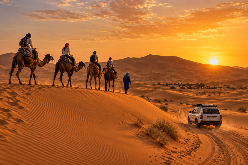 กิจกรรมขี่อูฐบนเนินทรายและรถ 4x4 วิ่งบนเส้นทางทะเลทรายที่ Merzouga ช่วงพระอาทิตย์ตก