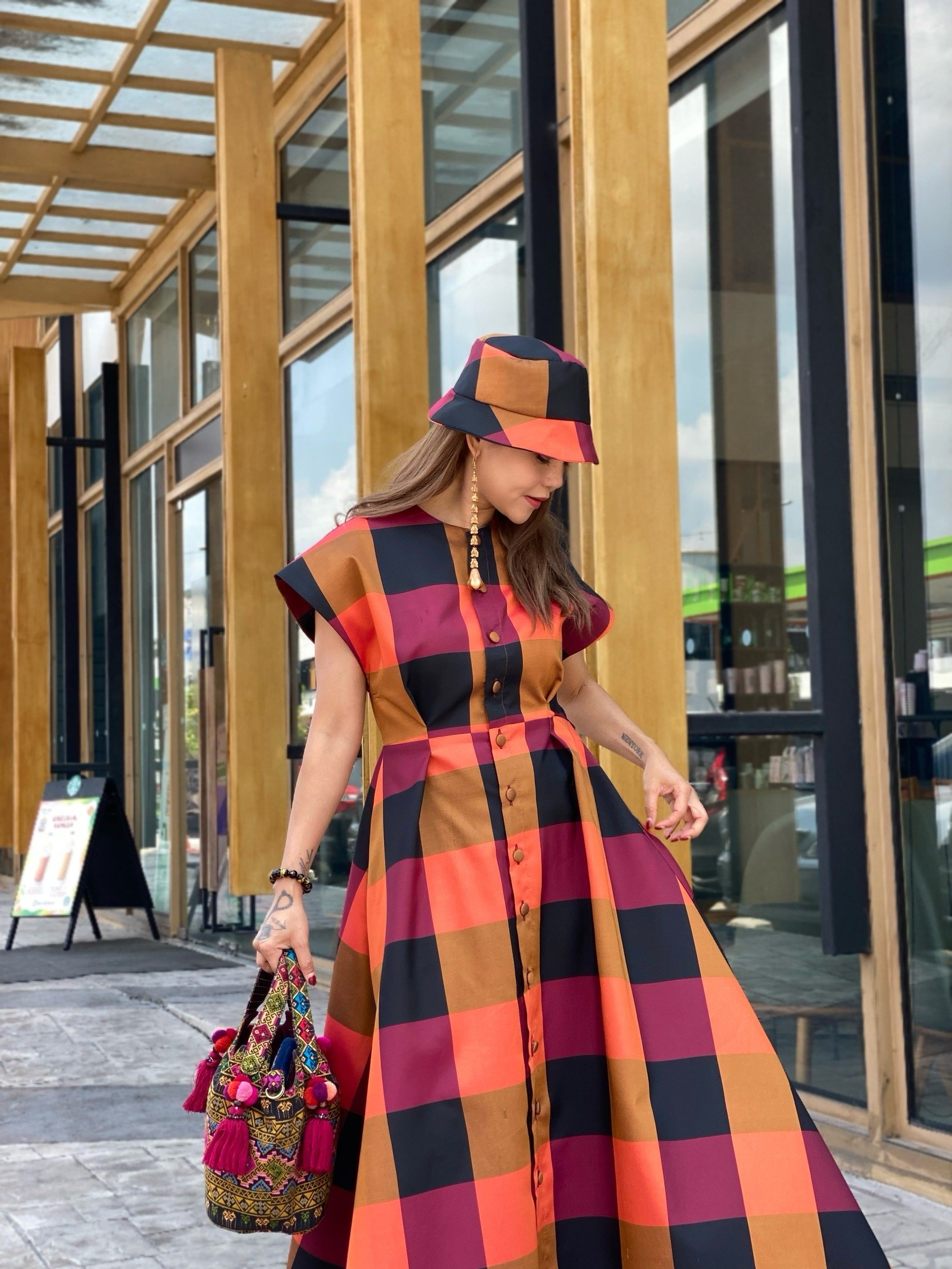 Korat Silk Maxi Dress x Bucket Hat - benela-fashionmaker