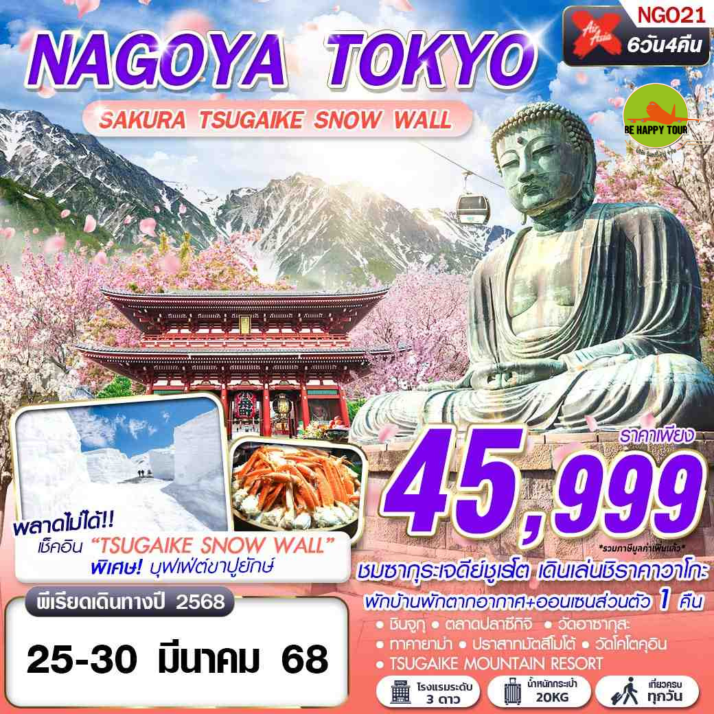 NAGOYA TOKYO SAKURA TSUGAIKE SNOW WALL (บินดึก เที่ยวเต็ม) 6วัน 4คืน โดยสายการบิน AIR ASIA X (XJ) (MAR25)