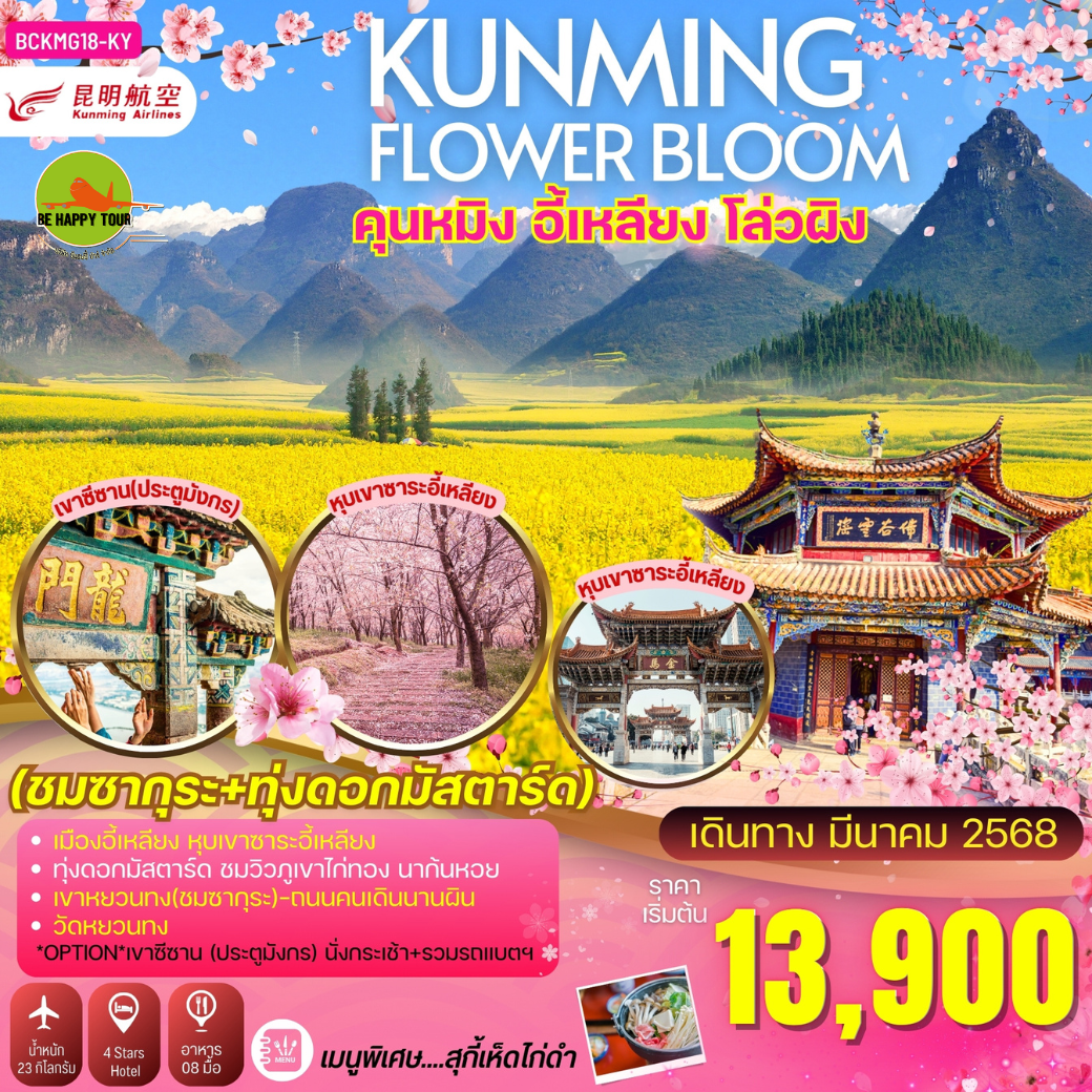 KUNMING FLOWER BLOOM คุนหมิง อี้เหลียง โล่วผิง 4วัน 3คืน โดยสายการบิน KUNMING AIRLINES (KY) (MAR25)