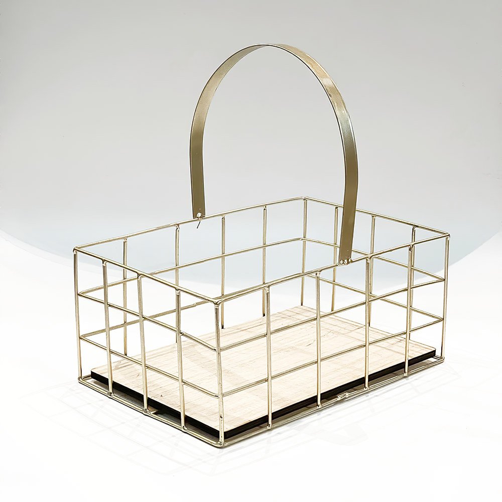 Rectangle Gold Wired Basket w/ Wood Base (L)