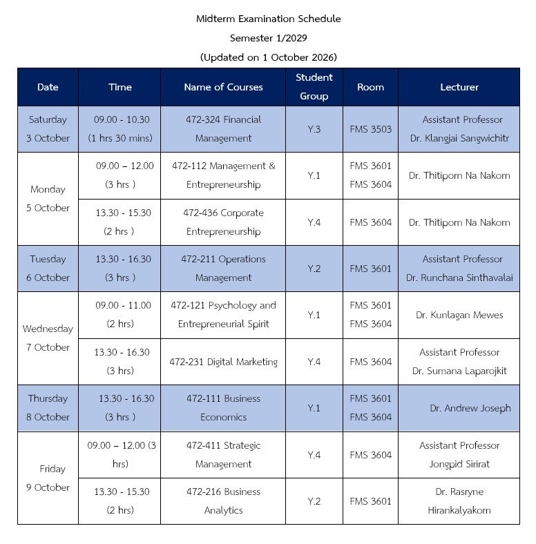 Midterm Examination Schedule 1/2569 (1/2026)