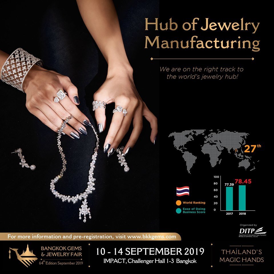 เรียนเชิญท่านเข้าร่วมชมงาน BANGKOK GEMS & JEWERY FAIR ครั้งที่ 64 ในวันที่ 10 กันยายน – 14 กันยายน 2562 เมืองทองธานี ชาเลนเจอร์ ฮอลล์2 บูธเลขที่ U 14,16,18,20  V 13,15,17,19