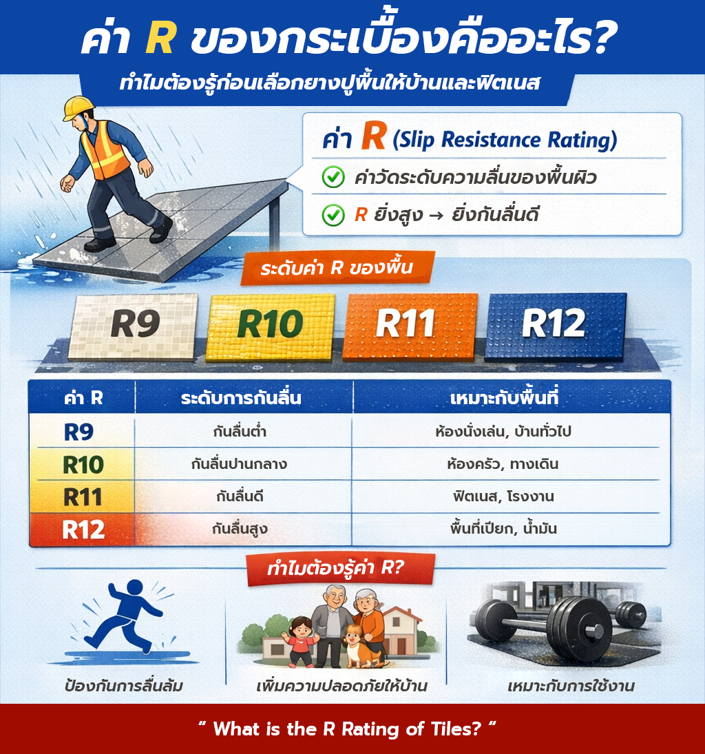 ค่า R ของกระเบื้องคืออะไร? ทำไมต้องรู้ก่อนเลือกยางปูพื้นให้บ้านและฟิตเนส