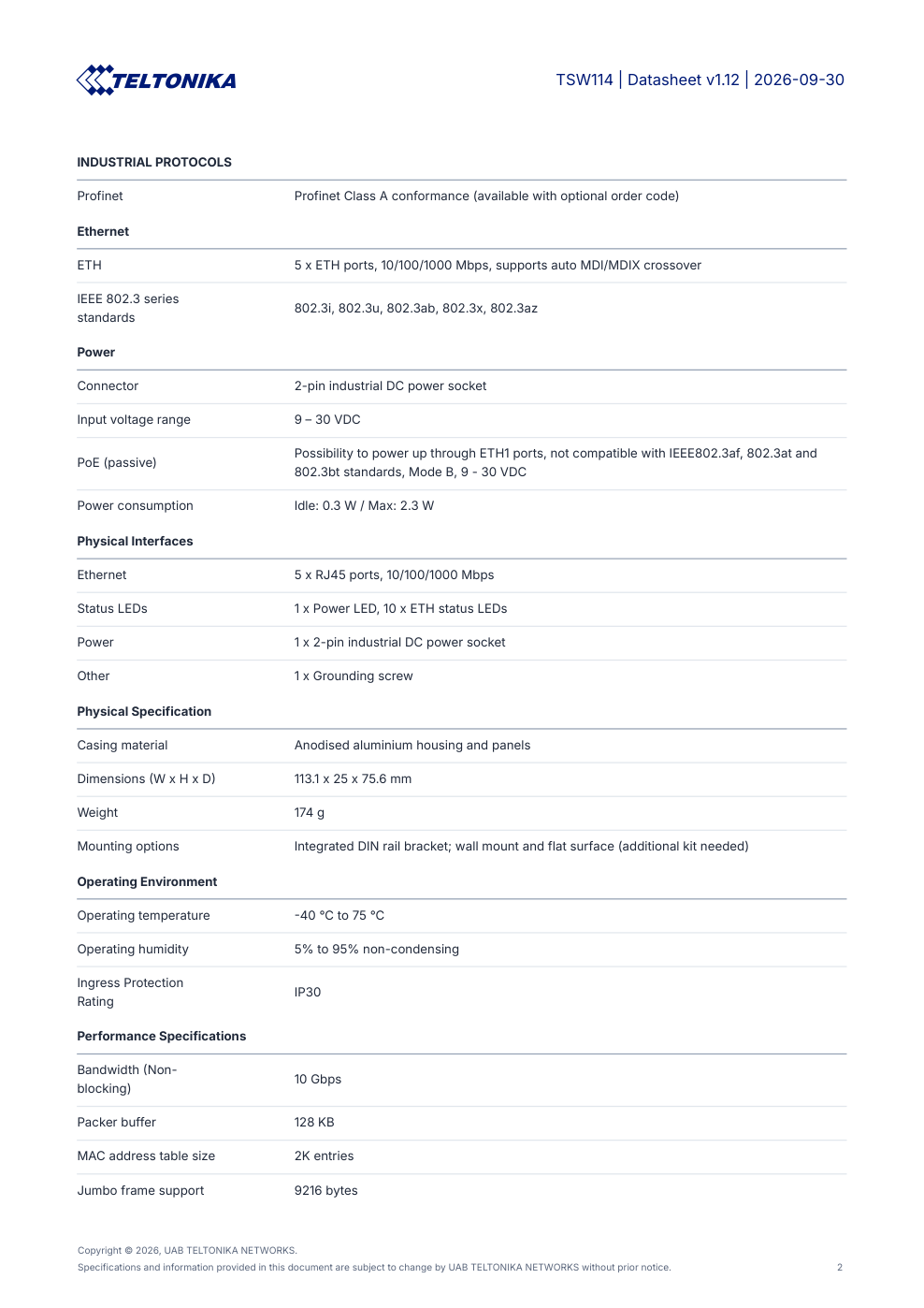 TELTONIKA TSW114 Data Sheet หน้า 2