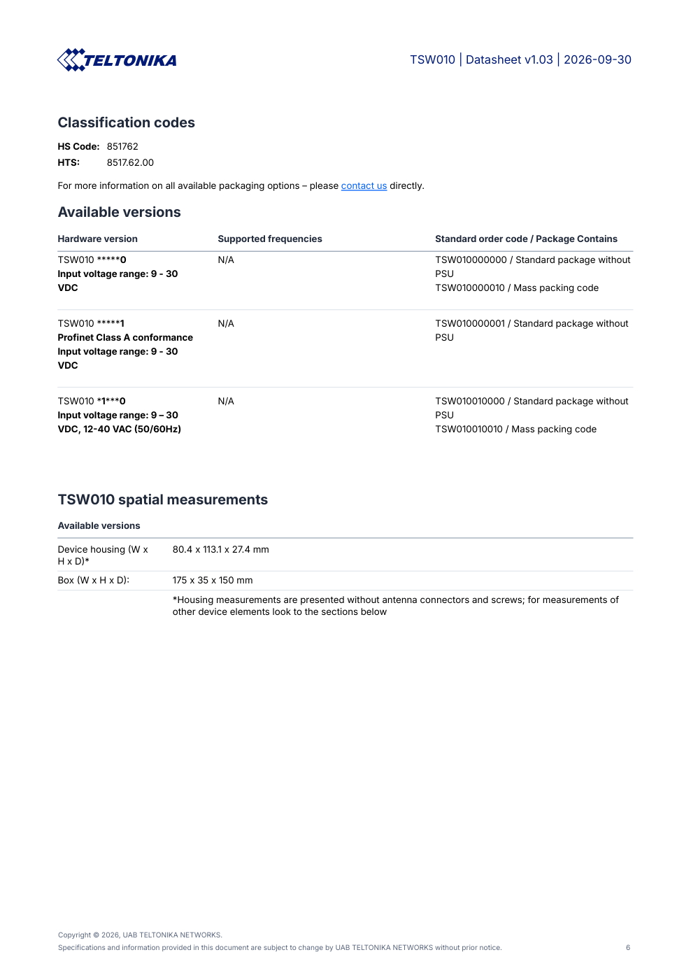TSW010 Data Sheet หน้า 6