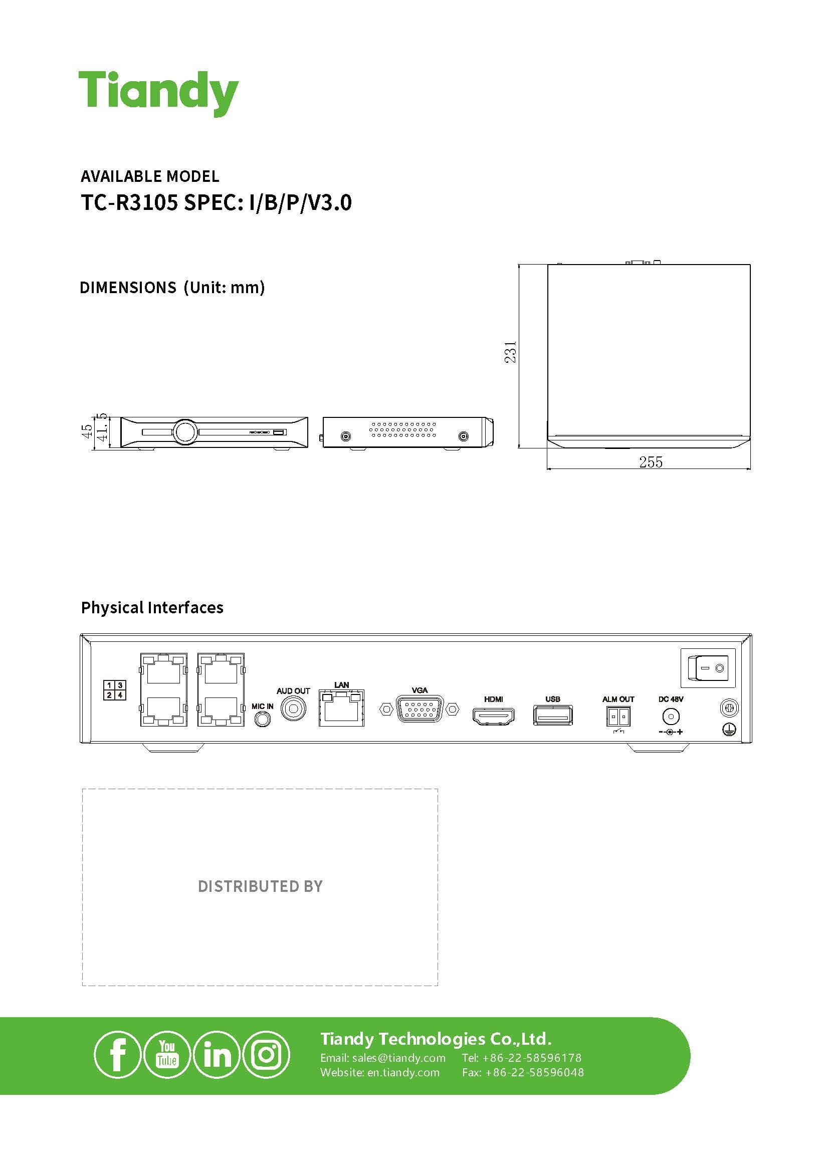Tiandy NVR H.265 1HDD 5Ch Model:TC-R3104 THB 3,600.-