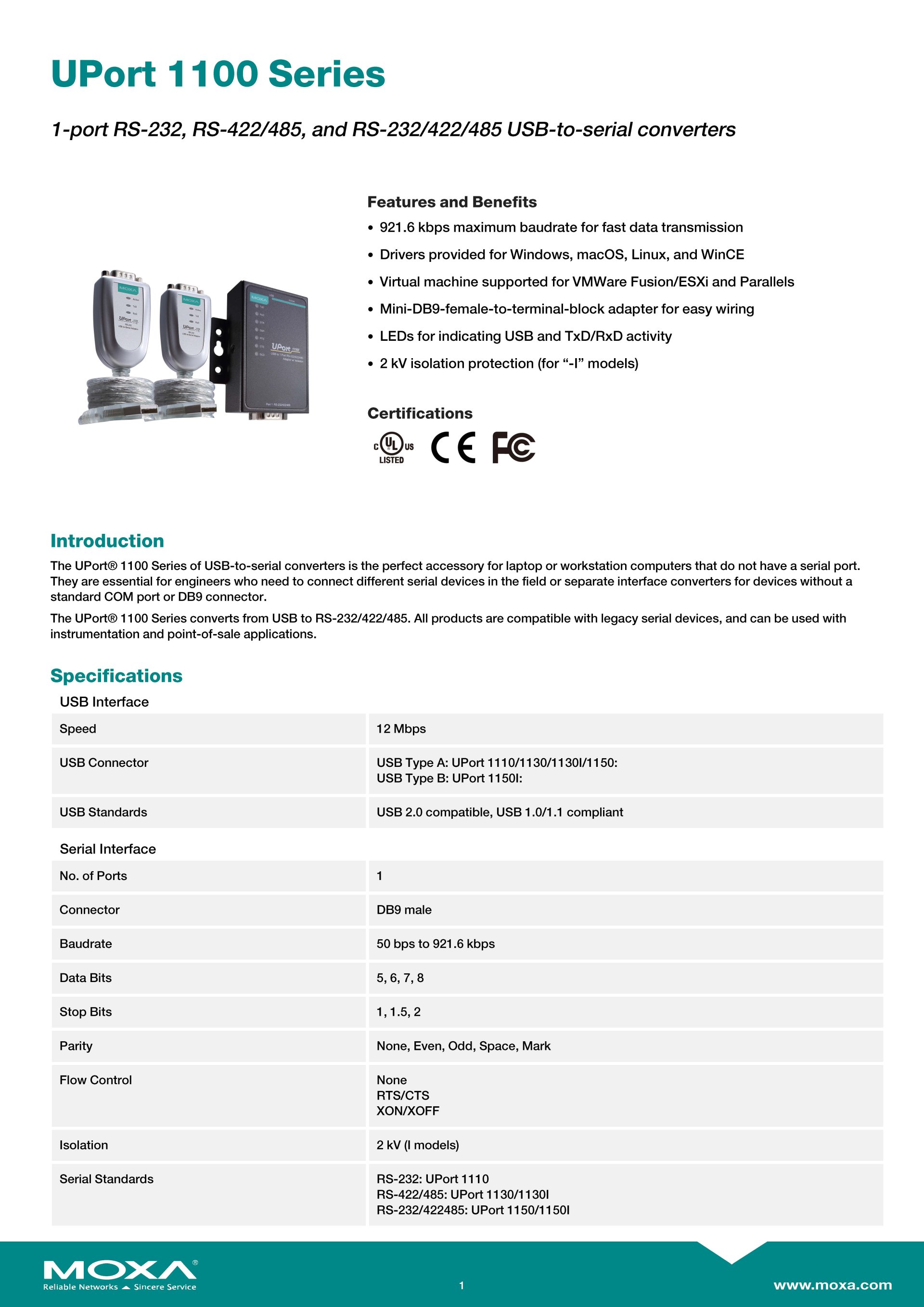 Moxa Uport 1130 Convertisseur USB vers 1 port série RS-422/485 Moxa Uport 1130 Convertisseur USB vers 1 port série RS-422/485