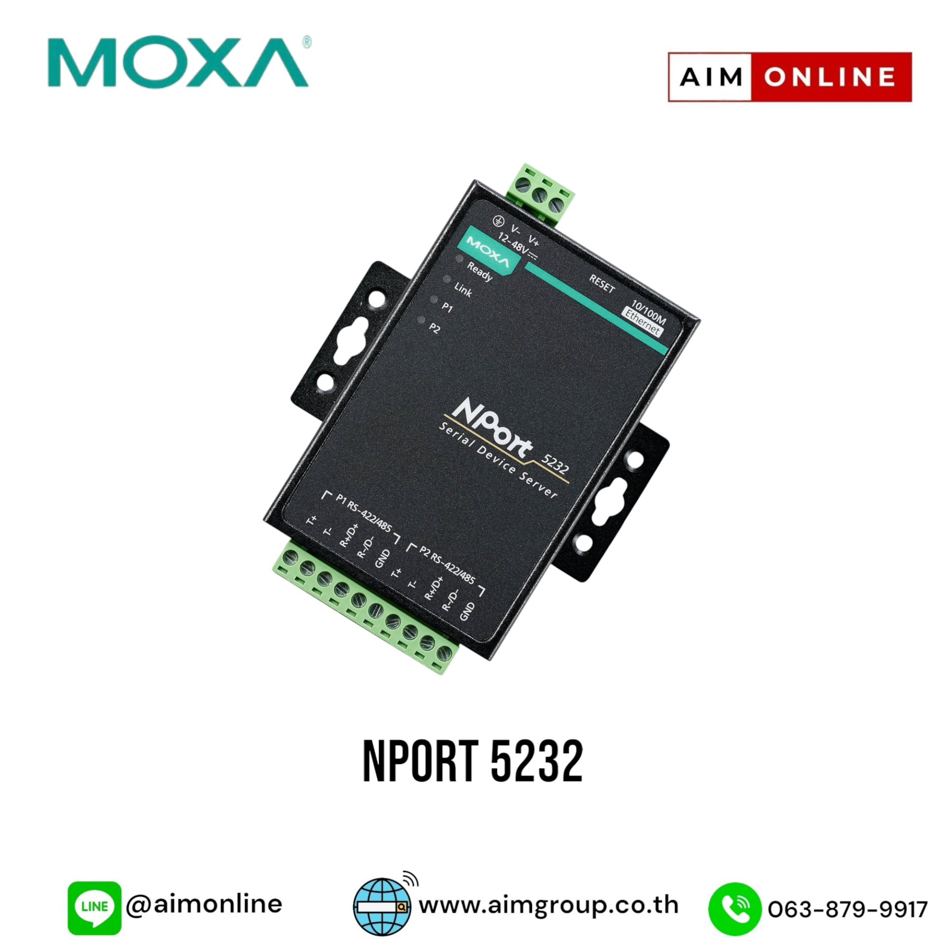 5232 MOXA2port deviceserver10/100MethernetRS-422/485terminalblock