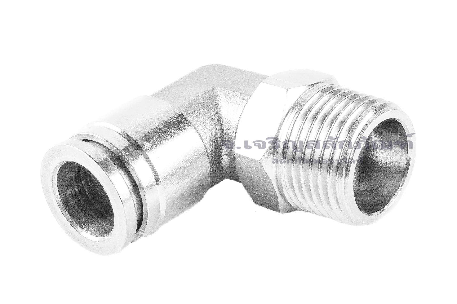 ข้อต่อลมแบบงอ 90° สแตนเลส 304 (เกลียวนอก x เสียบสาย) ขนาด 3/8"-19(BSPT) x 10 mm