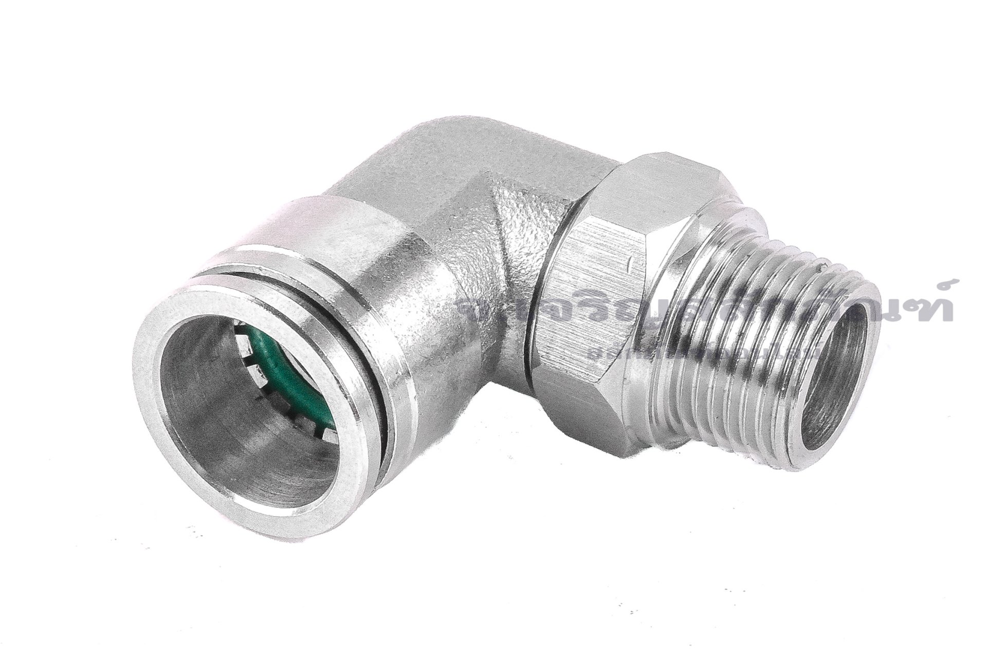 ข้อต่อลมแบบงอ 90° สแตนเลส 304 (เกลียวนอก x เสียบสาย) ขนาด 3/8"-19 (BSPT) x 16 mm