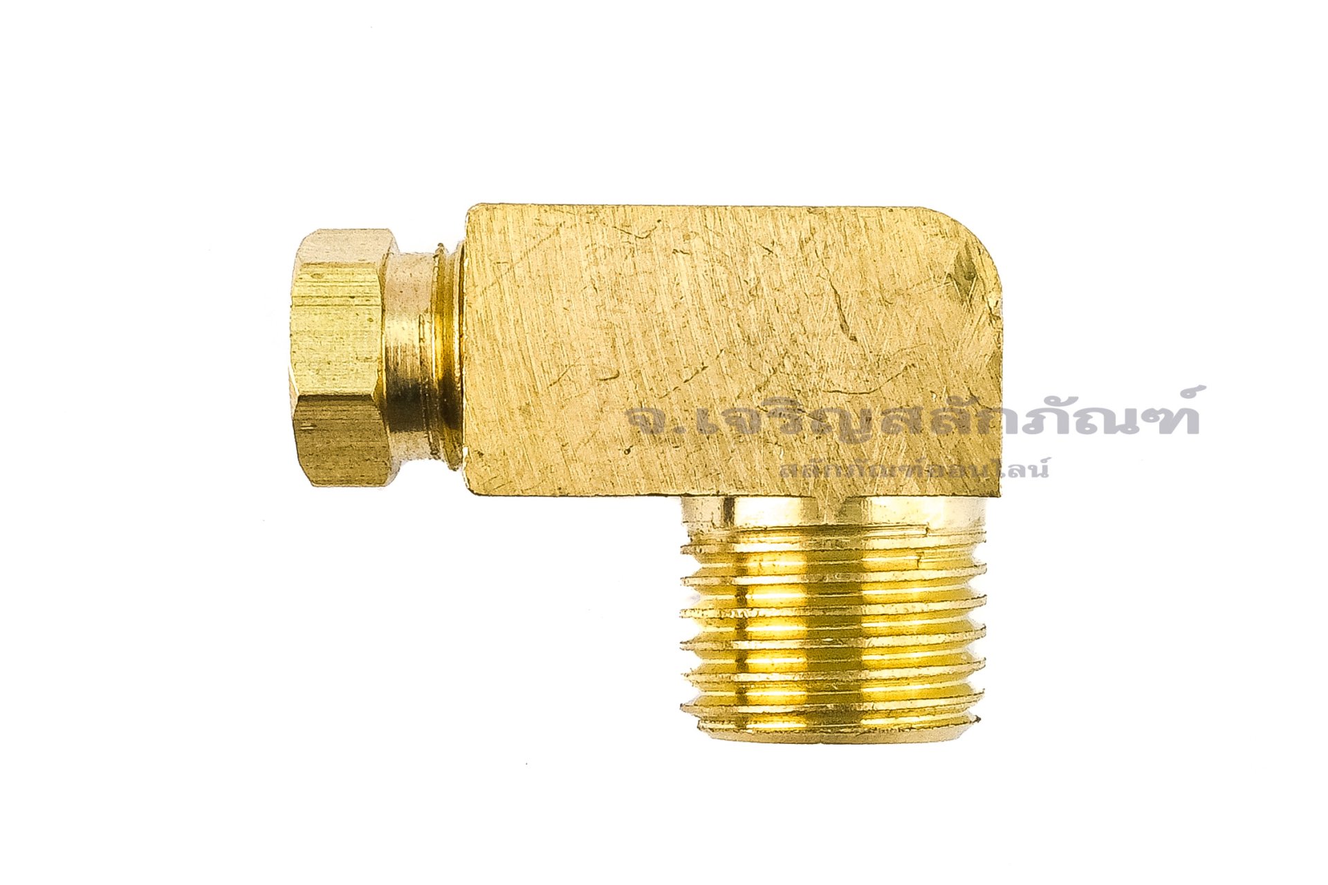 ข้อต่องอ 90° ทองเหลือง (เกลียวนอก x ตาไก่เสียบสาย) 1/4" x 6 mm
