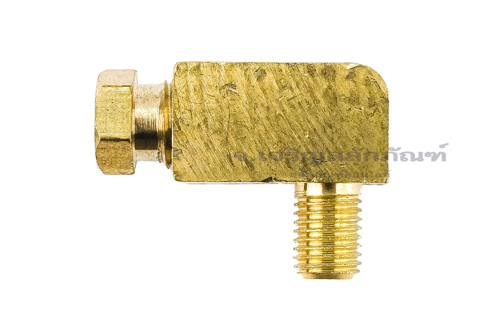 ข้อต่องอ 90° ทองเหลือง (เกลียวนอก x ตาไก่เสียบสาย) M6x0.75 x 4 mm