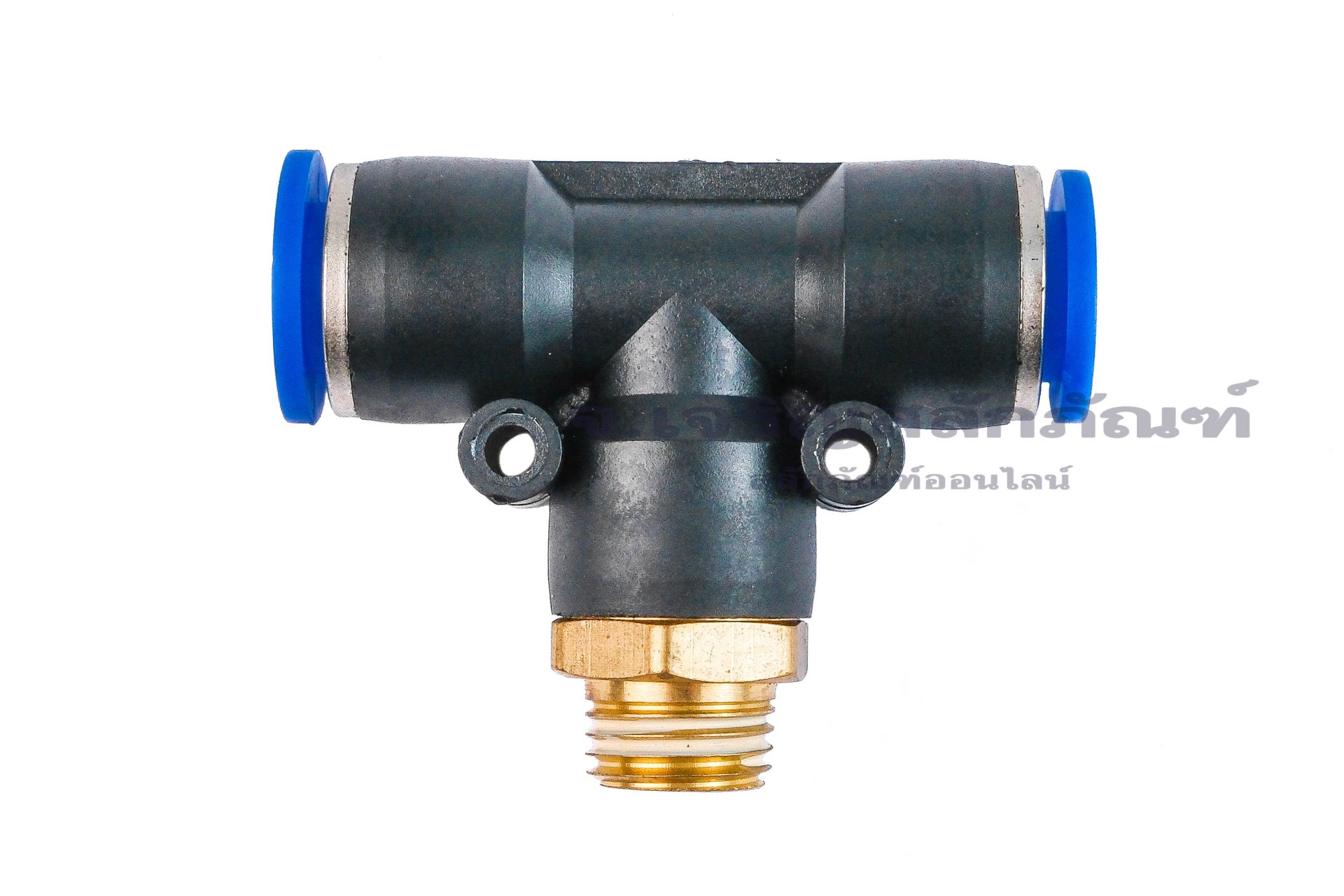 ข้อต่อลมสามทางพลาสติก (เสียบสาย x เกลียวนอก x เสียบสาย) ขนาด 10 mm x 1/4" x 10 mm
