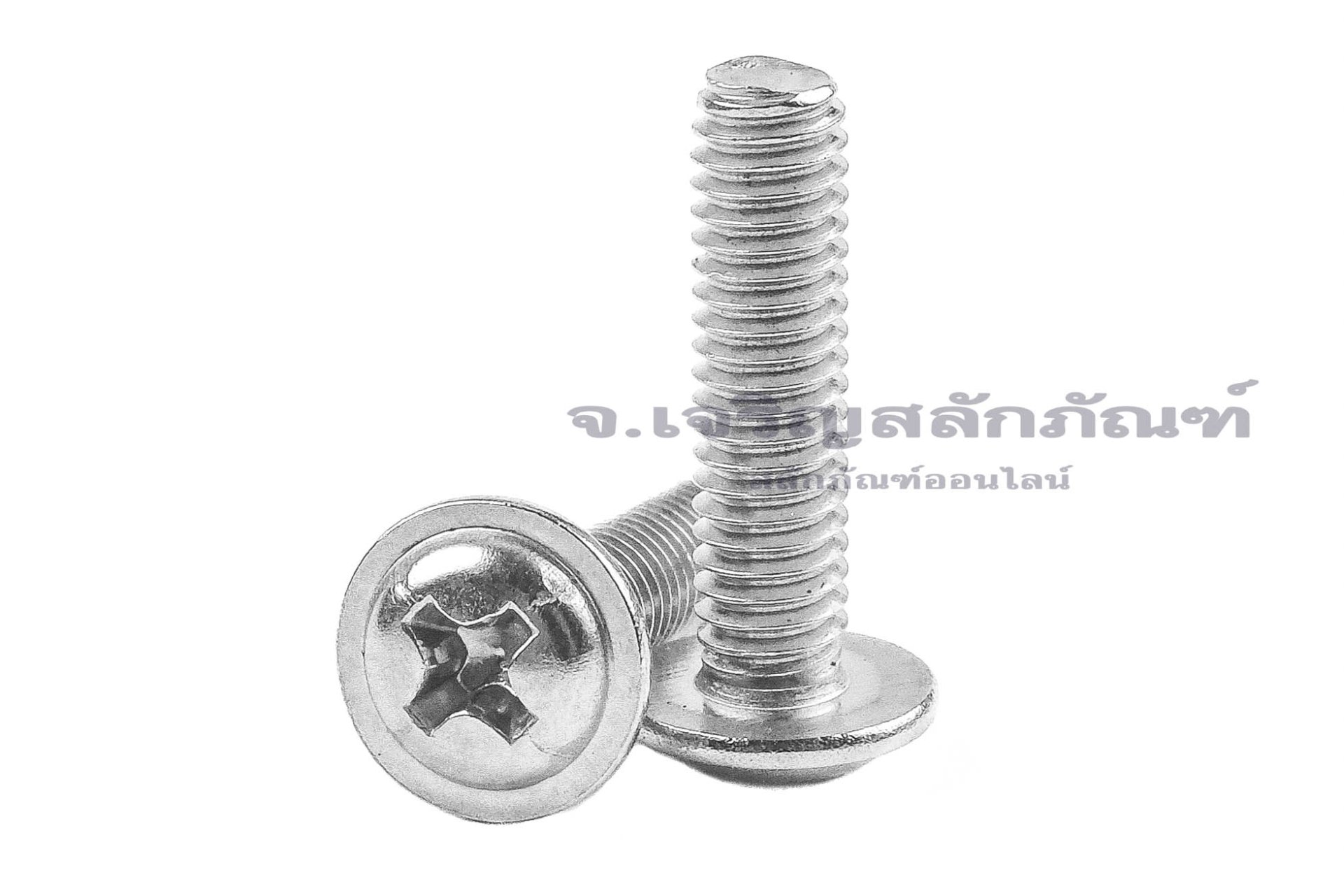 น็อตหัวกลมแฉกแบบติดแหวน สแตนเลส (Phillip Round Head Screw with Flange) ขนาด M4x16 เกลียวตลอด