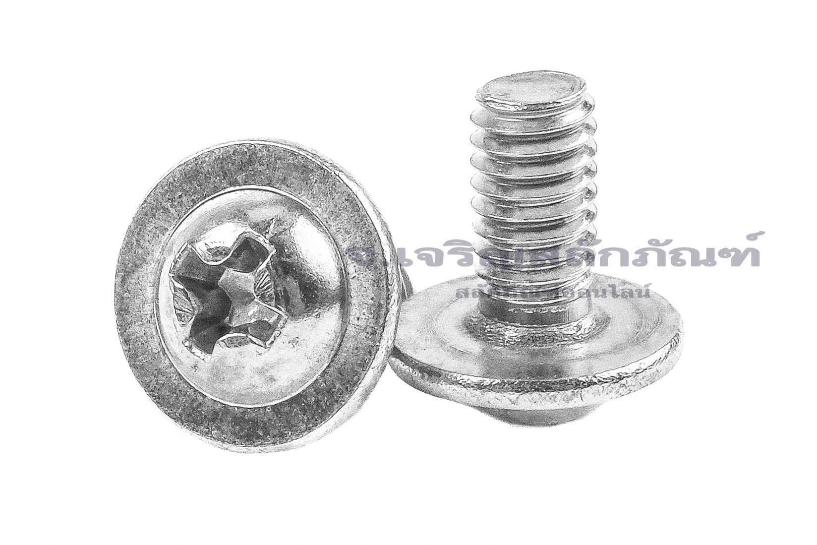 น็อตหัวกลมแฉกแบบติดแหวน สแตนเลส (Phillip Round Head Screw with Flange) ขนาด M4x8 เกลียวตลอด