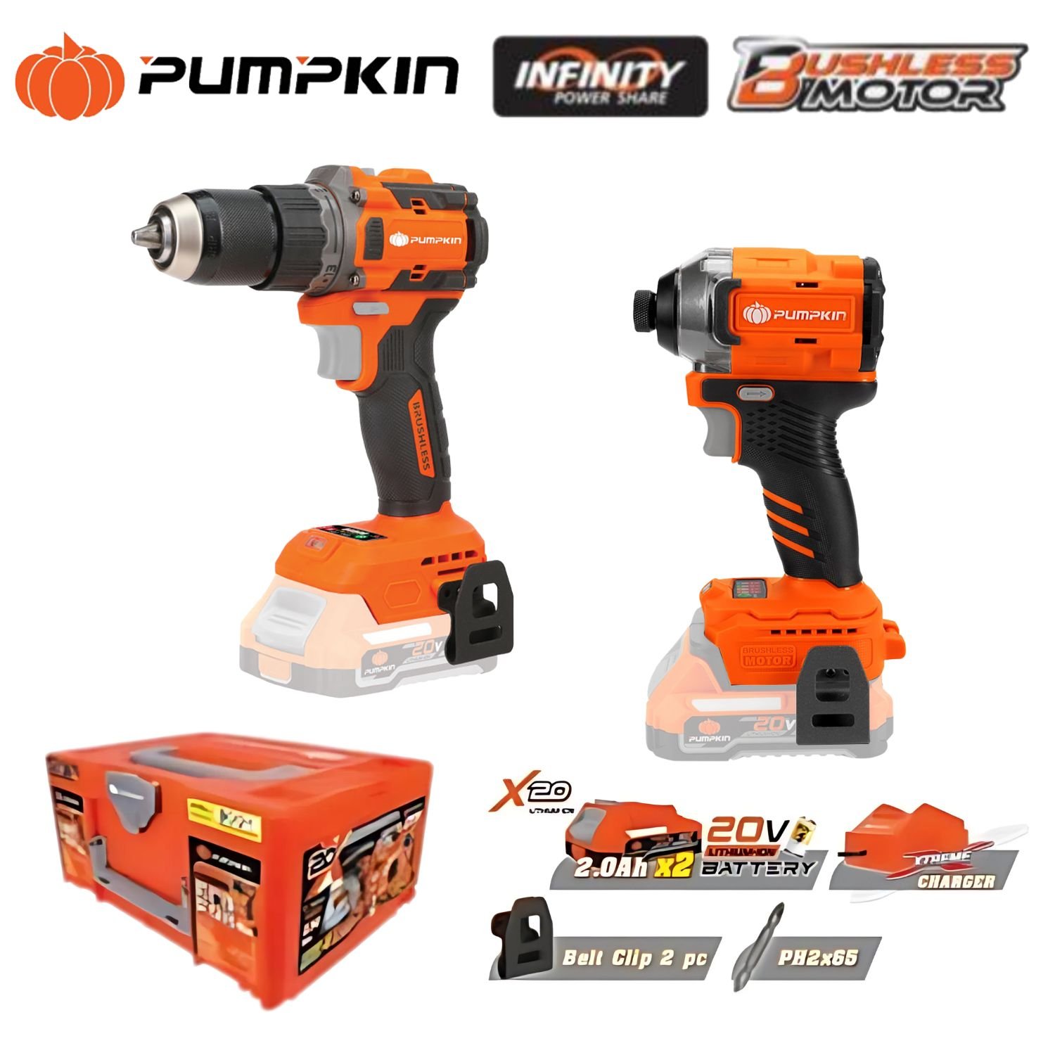 PUMPKIN ชุดสว่านกระแทกและไขควงกระแทกไร้สาย Compact ไร้แปรงถ่าน 20V Li-ion INF-IMDID-202CK-X20