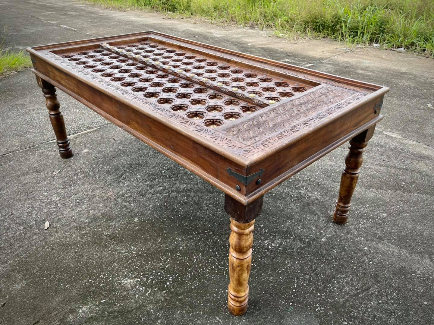 Indian Dining Table with Brass and Carving