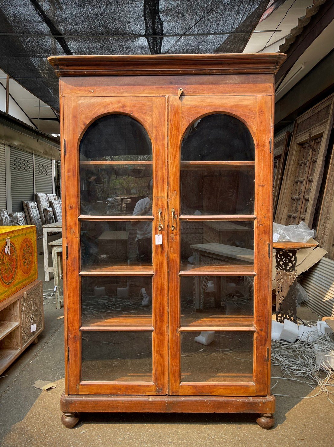 Antique Teakwood Cabinet With Glass - kamalaantique