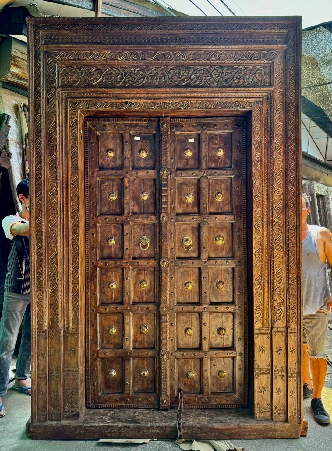 Wooden Front Door with Three-layer Carved Frame