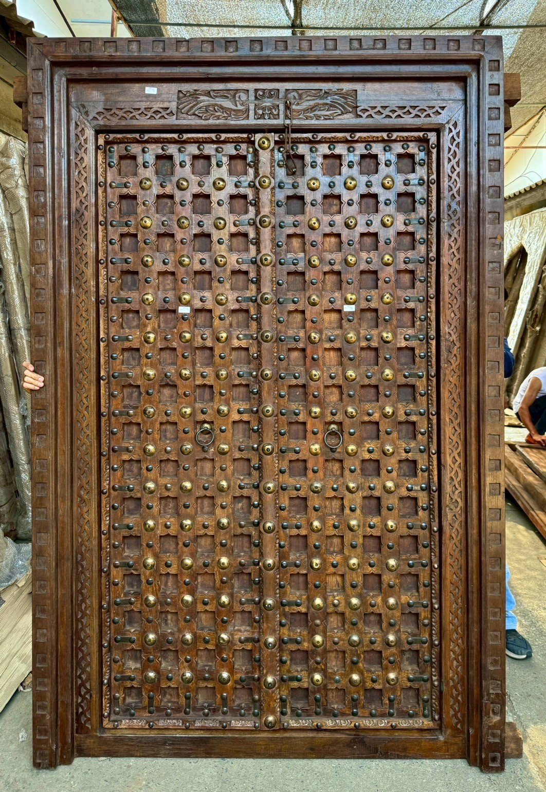 Teak Wood Door Carved Frame Fully Brass Front