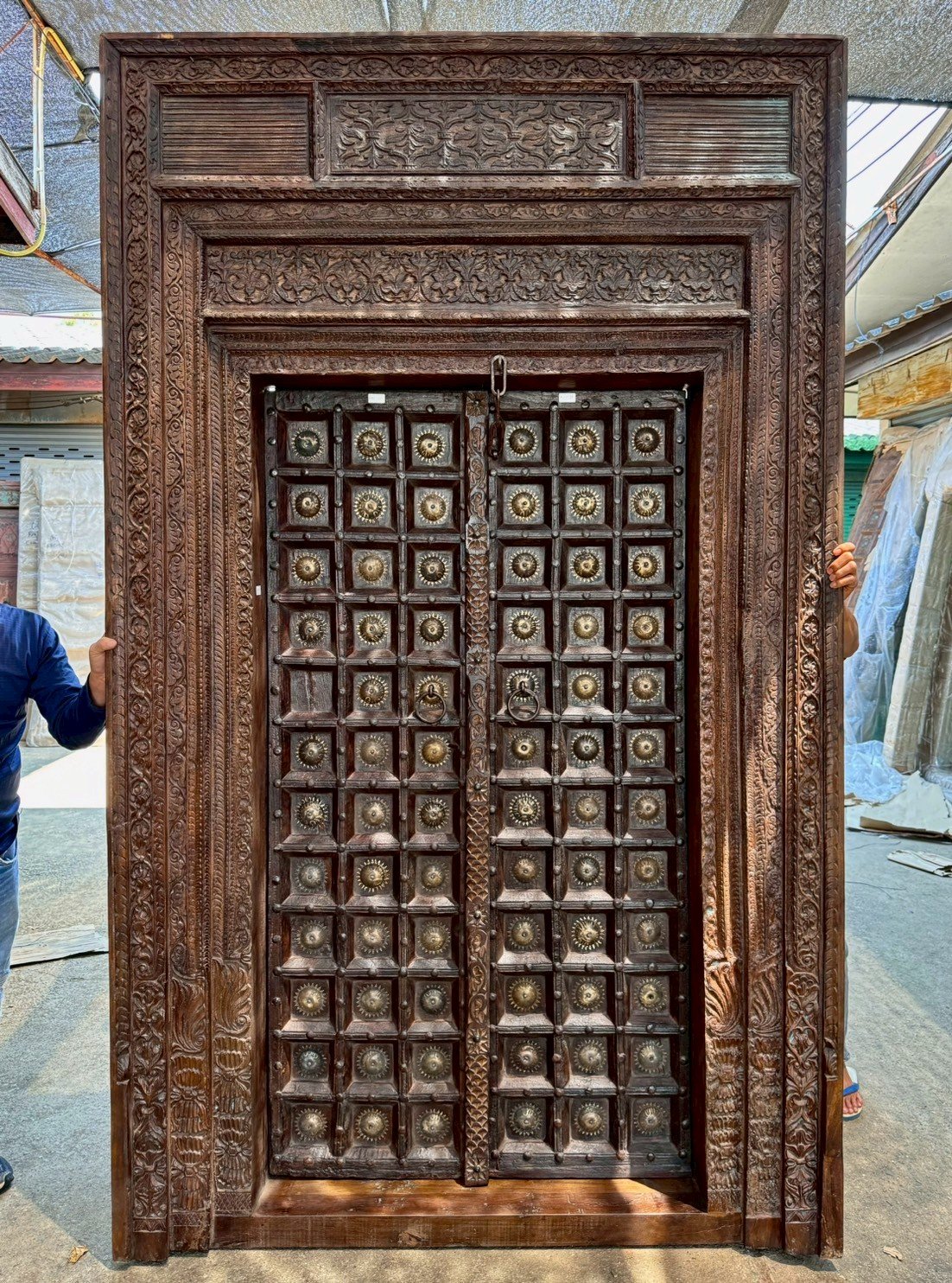 Pleasure Antique Brass Door 3 Carved Panels Frame