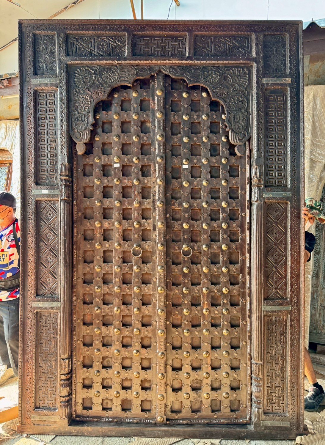 Entryway Door Wooden Perforated Fully Carving with Brass