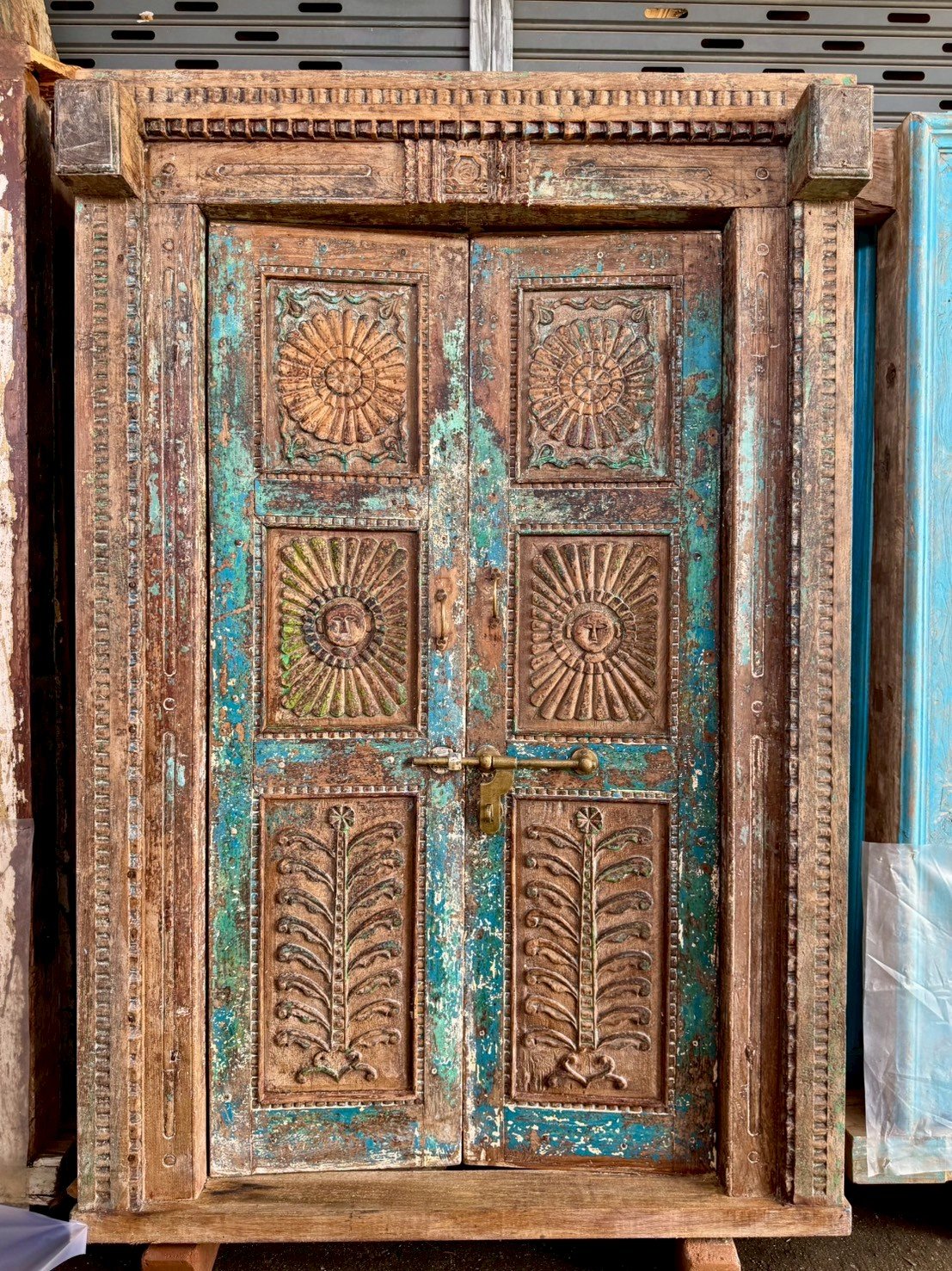 Vintage Painted Teak Door with Classic Carving